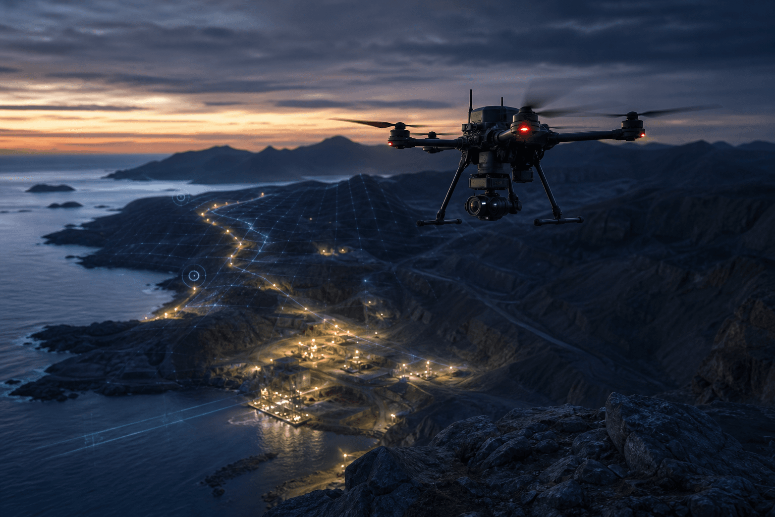 Heavy-lift mission drone operating over industrial terrain at dusk